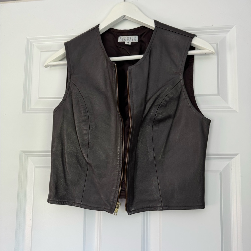Vintage Barney’s New York Dark Brown Leather Vest, zipper size M